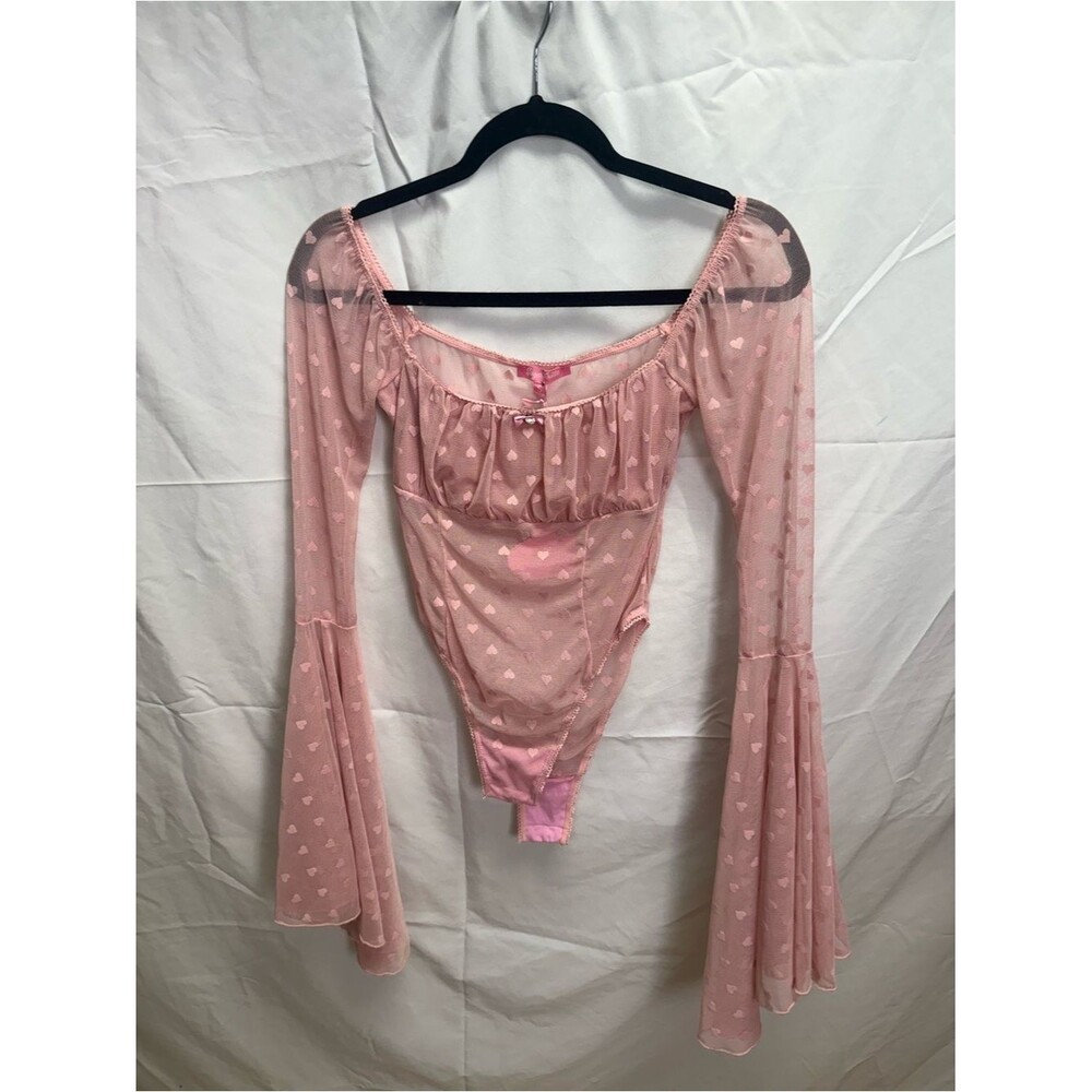 Sugar Thrillz Pink Heart Mesh Off-Shoulder Bell Sleeve Bodysuit